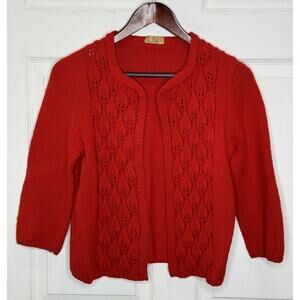 Vintage Red Hand Knit Wool Cardigan Open Front Womens Size Small - Medium